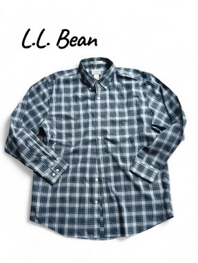 L.L. Bean Men’s Size Large Navy and White Plaid Button-Down Shirt